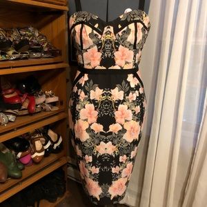 Floral Black and Pink Strapless Dress